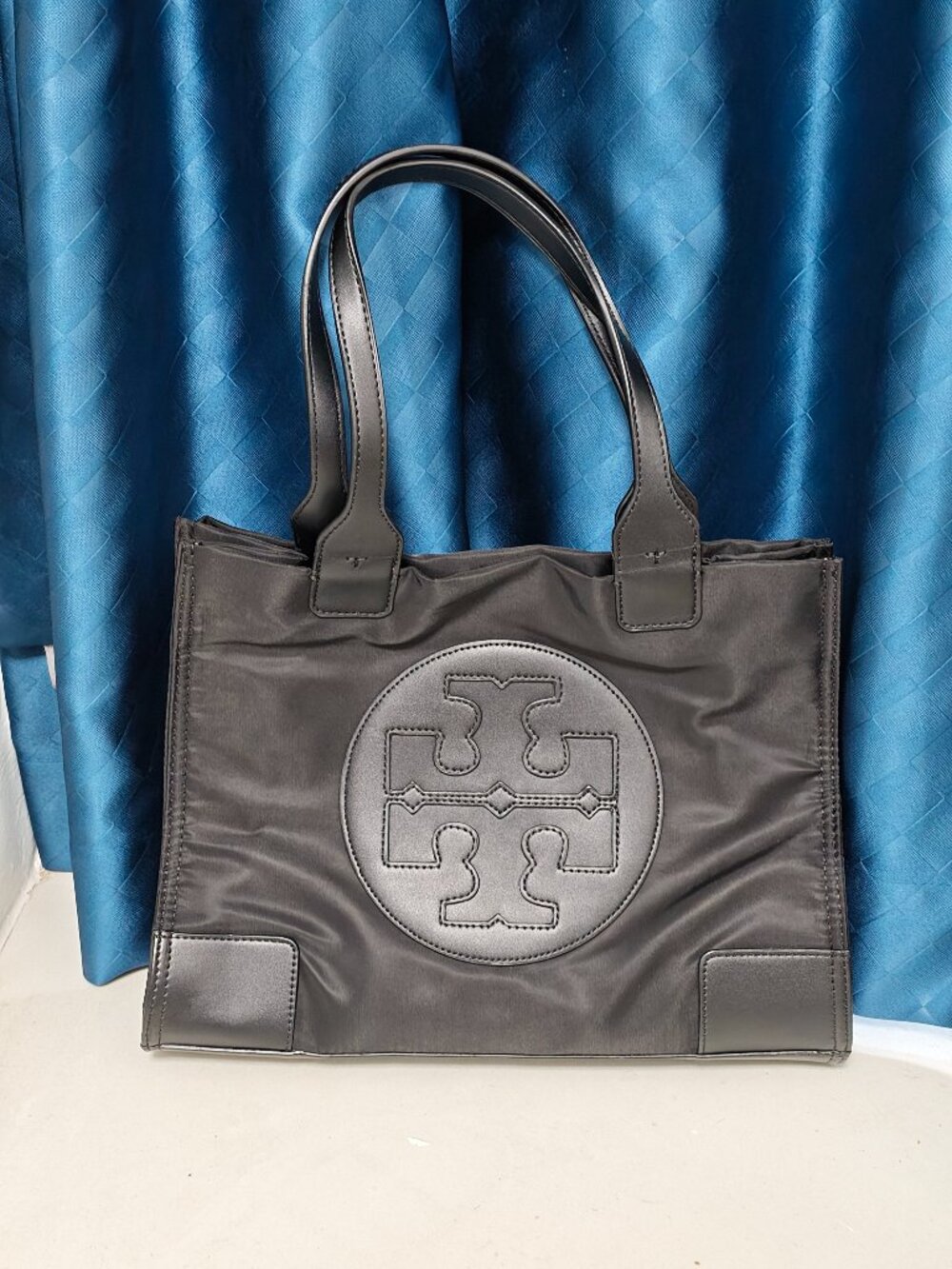 Tory Burch Ella Tote, Black Nylon Large Shoulder Bag with Logo